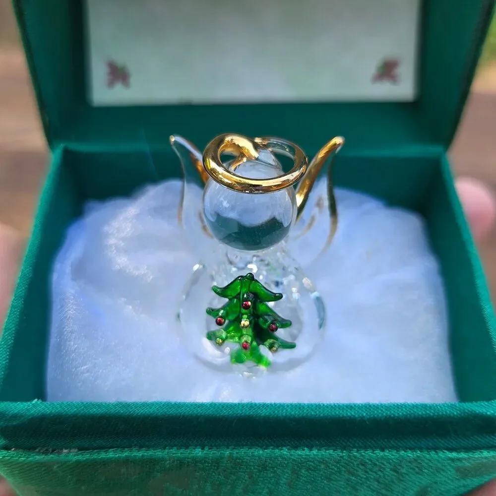 Hand Blown Glass Angel Figurine Christmas Tree Mini Ornament w/ Gift Box 1.5